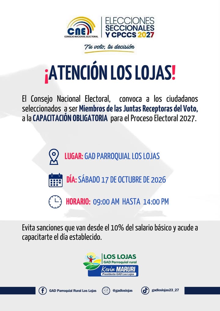 Los Lojas: Capacitación para miembros de Juntas Receptoras del Voto este sábado