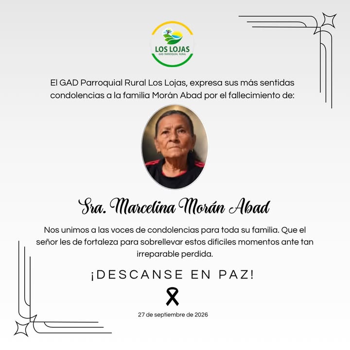 Los Lojas: La Junta Parroquial lamenta el fallecimiento de Marcelina Morán Abad